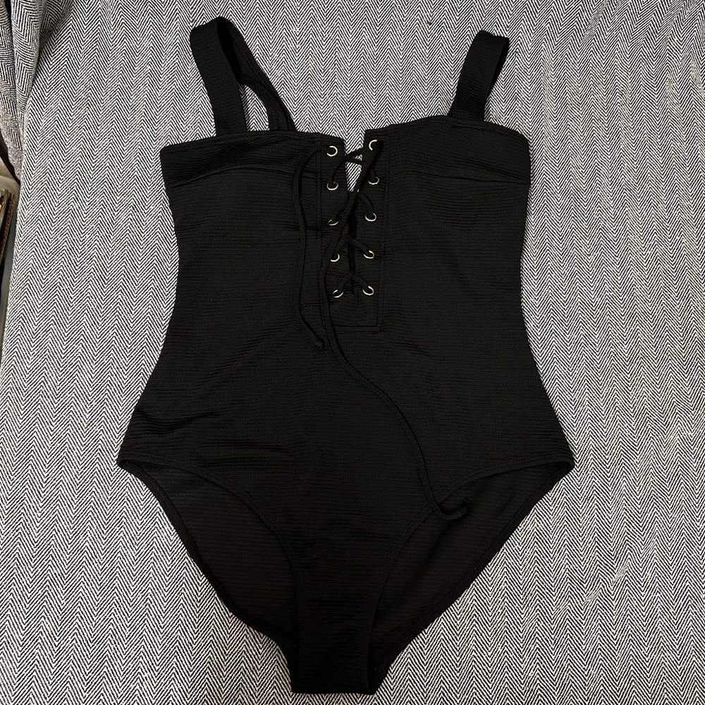 Black Lace Up Front One Piece Swim Suit